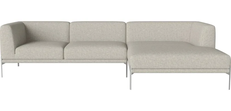 Caisa 3-zitsbank met chaise longue - rechts Caisa by BOLIA in Nantes – Soepel weefsel, Sand, Geborsteld staal – product photo