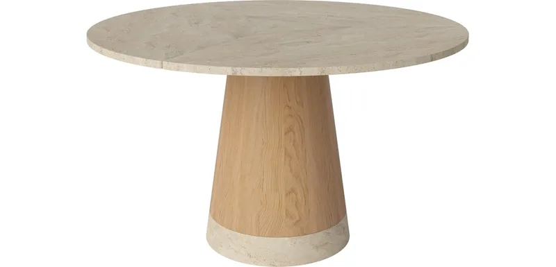 Piro Eettafel marmeren blad Ø125 cm Piro van BOLIA in Zandkleurig Travertine, Geolied eiken, fineer, Zandkleurig Travertine – productfoto