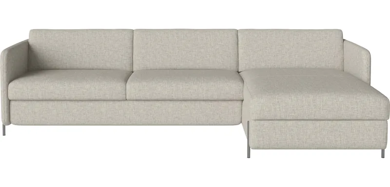 Pilou Slaapbank 3-zitsbank met chaise longue en opbergruimte - rechts Pilou van BOLIA in Nantes – Soepel weefsel, Sand, Koud schuim, Satingelakt staal – productfoto