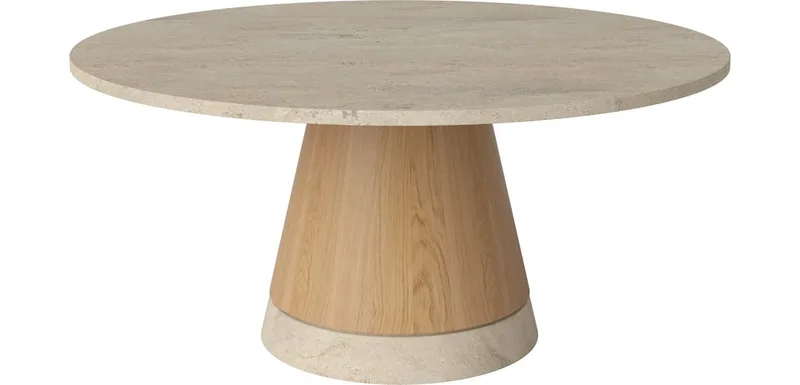 Piro Salontafel marmeren blad Ø90 cm Piro by BOLIA in Zandkleurig Travertine, 42 cm, Geolied eiken, fineer, Zandkleurig Travertine – product photo
