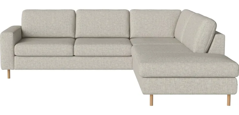 Scandinavia 4-zitshoekbank met open end - rechts Scandinavia van BOLIA in Nantes – Soepel weefsel, Sand, Koudschuim, 13 cm geolied eiken – productfoto