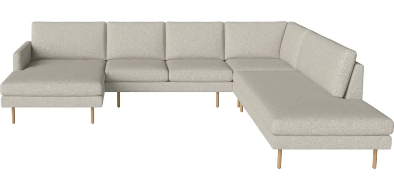 Scandinavia Remix 5-zits hoekbank met chaise longue links - open end rechts Scandinavia Remix von BOLIA in Nantes – Soepel weefsel, Sand, 17 cm geolied eiken – Produktfoto