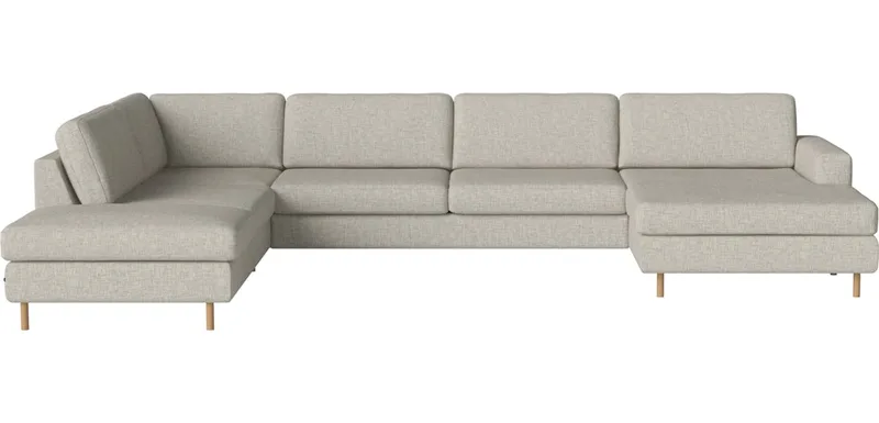 Scandinavia 6-zitshoekbank met chaise longue - rechts - open end - links Scandinavia by BOLIA in Nantes – Soepel weefsel, Sand, Koudschuim, 13 cm geolied eiken – product photo