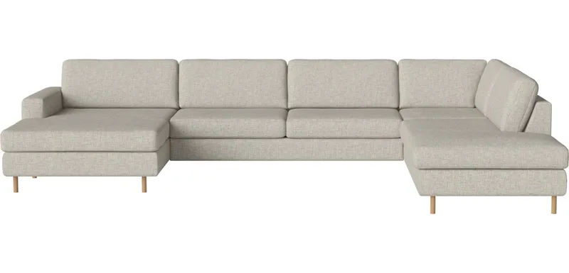 Scandinavia 6-zitshoekbank met chaise longue - links - open end - rechts Scandinavia van BOLIA in Nantes – Soepel weefsel, Sand, Koudschuim, 13 cm geolied eiken – productfoto