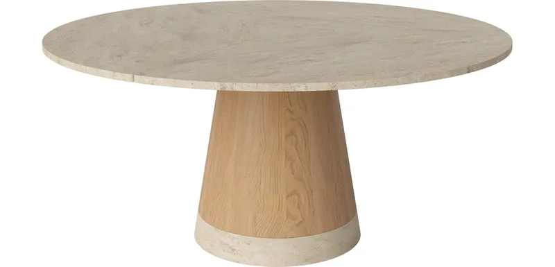 Piro Eettafel Ø160 cm - marmeren blad Piro de BOLIA en Zandkleurig Travertine, Geolied eiken, fineer, Zandkleurig Travertine – photo du produit
