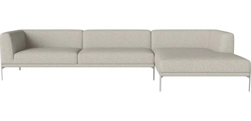 Caisa 4-zitsbank met chaise longue - rechts Caisa by BOLIA in Nantes – Soepel weefsel, Sand, Geborsteld staal – product photo