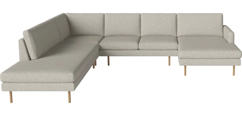 Scandinavia Remix 5-zits hoekbank met chaise longue rechts - open end links Scandinavia Remix van BOLIA in Nantes – Soepel weefsel, Sand, 17 cm geolied eiken – productfoto