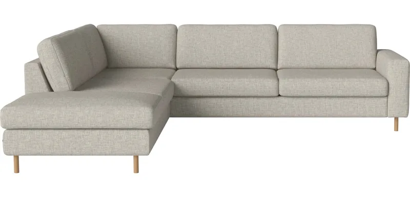 Scandinavia 5-zitshoekbank met open end - links Scandinavia van BOLIA in Nantes – Soepel weefsel, Sand, Koudschuim, 13 cm geolied eiken – productfoto