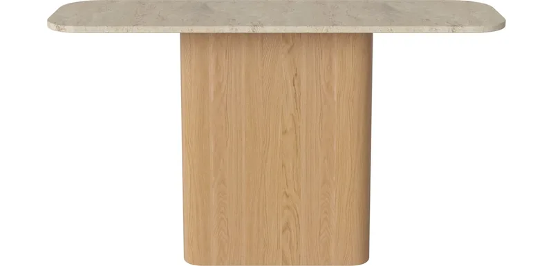 Eida stenen consoletafel Eida de BOLIA en Zandkleurig Travertine, Geolied eiken, Massief – photo d’ambiance