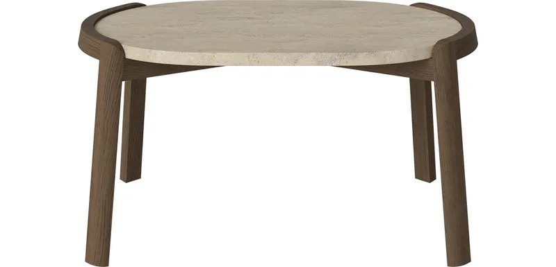 Mix Ovale Salontafel 66 x 41 cm Mix by BOLIA in Zandkleurig Travertine, Donker geolied eiken, Massief, 35 cm – product photo