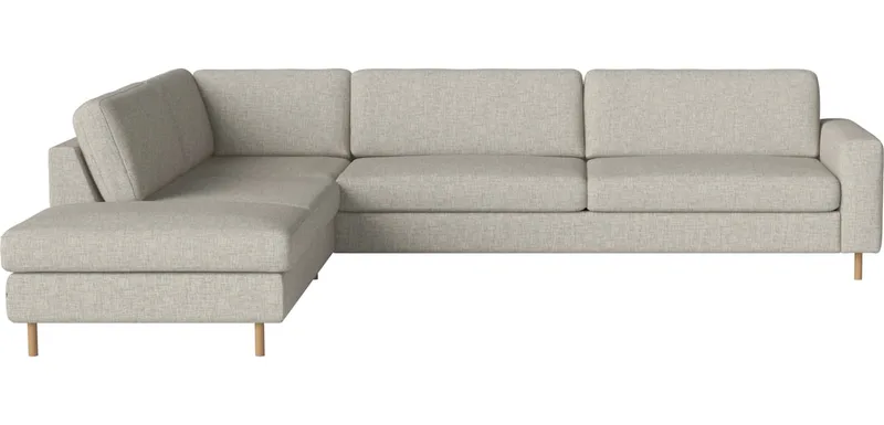 Scandinavia 6-zitshoekbank met open end - links Scandinavia van BOLIA in Nantes – Soepel weefsel, Sand, Koudschuim, 13 cm geolied eiken – productfoto