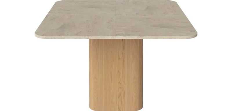 Eida stenen eettafel - rectangular Eida van BOLIA in Zandkleurig Travertine, Geolied eiken, Massief, 120 × 120 cm – sfeerfoto