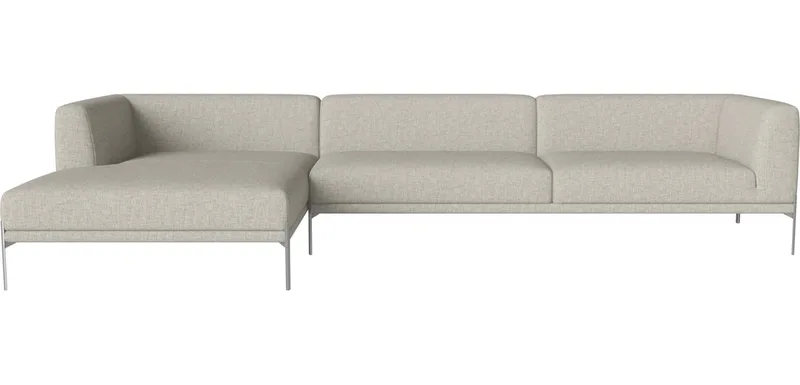 Caisa 4-zitsbank met chaise longue - links Caisa by BOLIA in Nantes – Soepel weefsel, Sand, Geborsteld staal – product photo