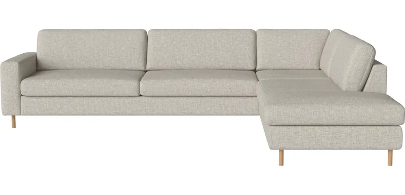 Scandinavia 6-zitshoekbank met open end - rechts Scandinavia van BOLIA in Nantes – Soepel weefsel, Sand, Koudschuim, 13 cm geolied eiken – productfoto