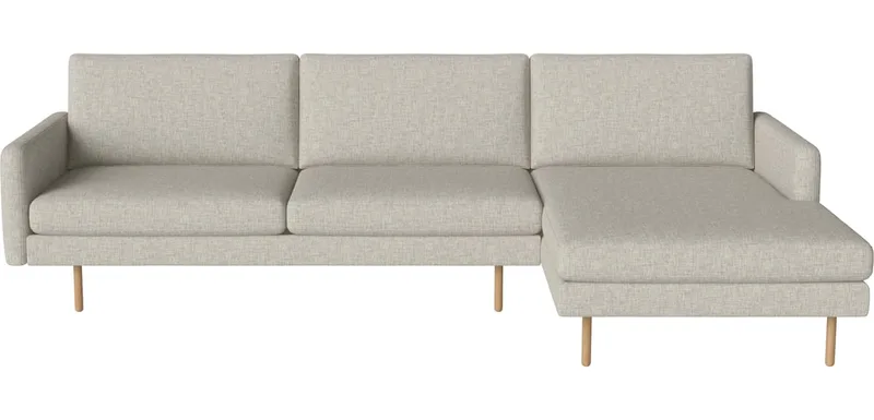 Scandinavia Remix 3½-zitsbank met chaise longue rechts Scandinavia Remix von BOLIA in Nantes – Soepel weefsel, Sand, 17 cm geolied eiken – Produktfoto