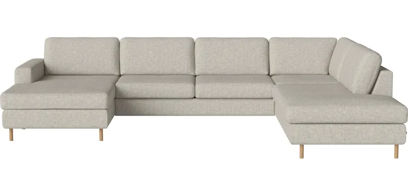 Scandinavia 5–zitshoekbank m. chaise longue – links – open-end – rechts Scandinavia van BOLIA in Nantes – Soepel weefsel, Sand, Koudschuim, 13 cm geolied eiken – productfoto