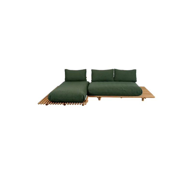 Sticks platform, sofa w/chaise lounge by Cane-line in Teak incl. dark green Rise w/QuickDry & Airflow – product photo