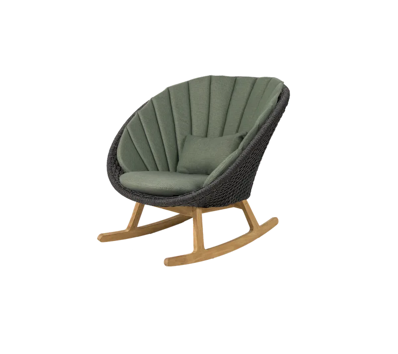 Peacock rocking chair by Cane-line in Dark grey, medium flat Soft Rope w/teak, Dark green, Link w/QuickDry & Airflow – product photo