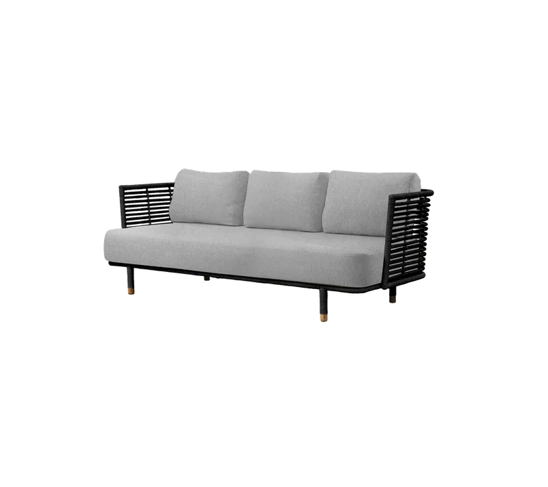 Sense 3-seater sofa von Cane-line in Black, large round sticks rattan, Light grey, Essence – Produktfoto