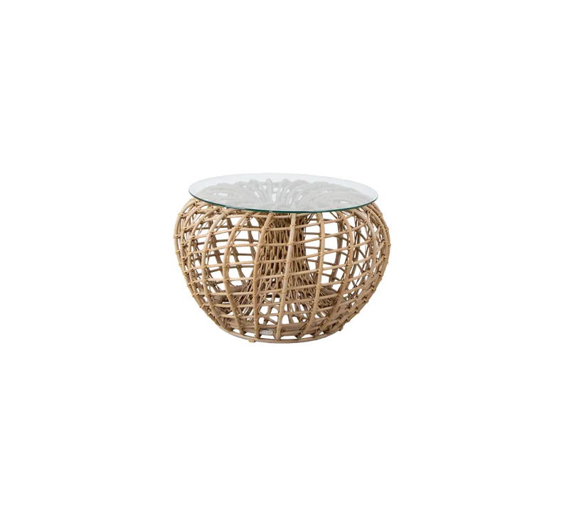 Nest coffee table/footstool, small by Cane-line in Natural, aluminium w/natural, medium round sticks Weave, Clear, safety glass – product photo