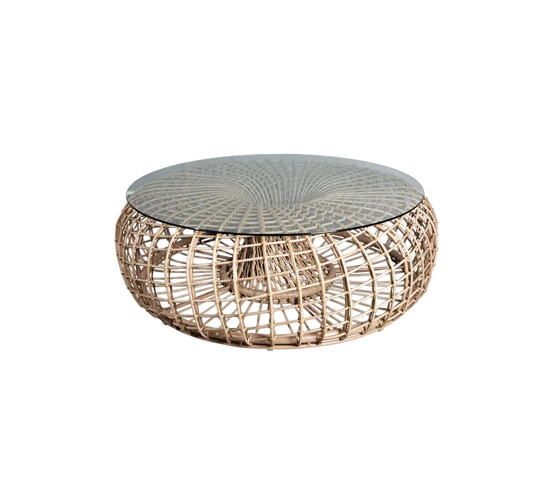 Nest coffee table/footstool, large by Cane-line in Natural, aluminium w/natural, medium round sticks Weave, Clear, safety glass – product photo