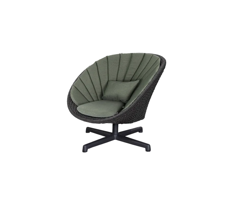 Peacock lounge chair w/swivel aluminium base van Cane-line in Dark grey, medium flat Soft Rope w/black aluminium, Dark green, Link w/QuickDry & Airflow – productfoto