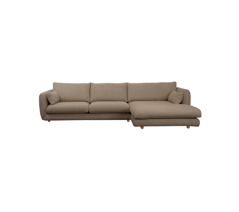 Bloom 2-seater sofa with chaise longue, left and teak legs van Cane-line in Taupe, Flair/Kimi – productfoto
