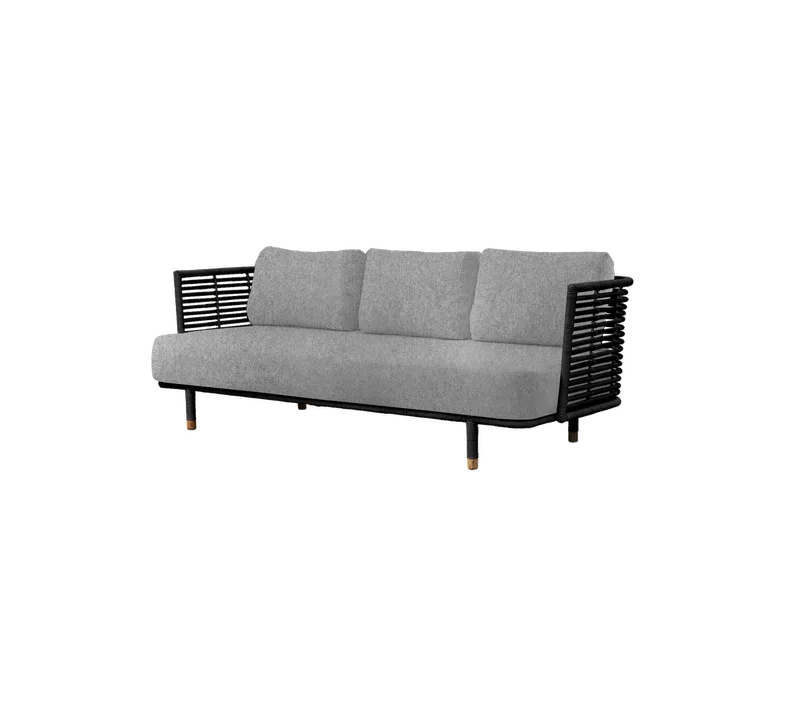 Sense 3-seater sofa von Cane-line in Black, large round sticks rattan, Light grey, Zen – Produktfoto