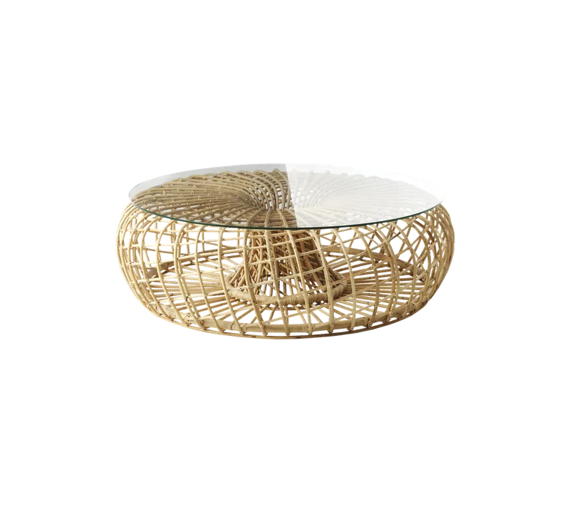 Nest coffee table/footstool, large by Cane-line in Natural, medium round sticks rattan, Clear, safety glass – product photo