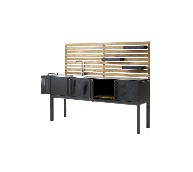 Drop kitchen module, main, incl. 3 shelves by Cane-line in Lava grey, aluminium, Stainless steel, Teak wall – product photo 3 of 3