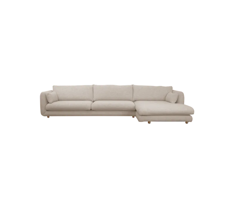 Bloom 3-seater sofa with chaise longue, left and teak legs by Cane-line in Sand, Emmi – product photo
