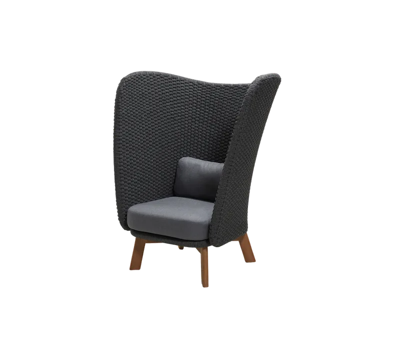 Peacock Wing highback chair van Cane-line in Dark grey, medium flat Soft Rope w/teak incl. grey Natté w/QuickDry & Airflow – productfoto