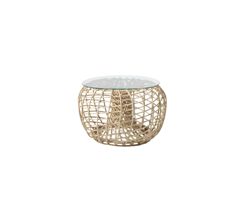Nest coffee table/footstool, small by Cane-line in Natural, medium round sticks rattan, Clear, safety glass – product photo