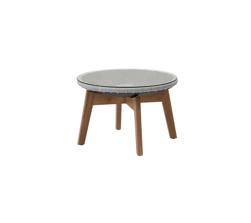 Peacock side table/footstool by Cane-line in Grey/light grey, small flat peel Weave w/teak, Clear, safety glass – product photo