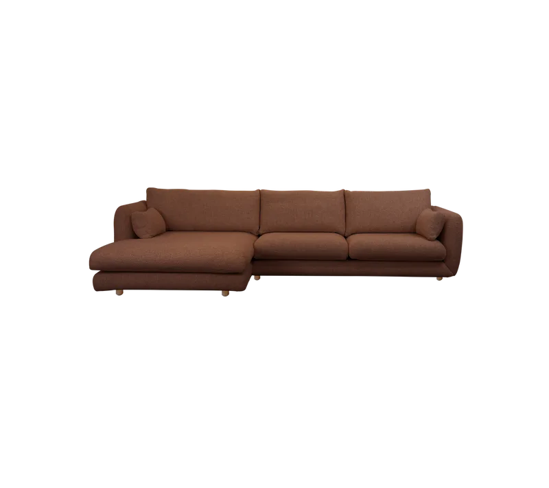 Bloom 2-seater sofa with chaise longue, right and teak legs by Cane-line in Desert red, Emmi – product photo