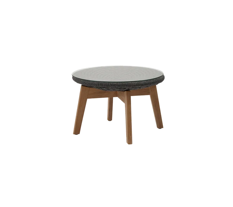 Peacock side table/footstool by Cane-line in Dark grey, medium flat Soft Rope w/teak, Clear, safety glass – product photo