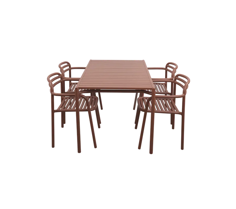 Bliss dining table rect. incl. 4 Bliss armchairs by Cane-line in Desert red, aluminium – product photo
