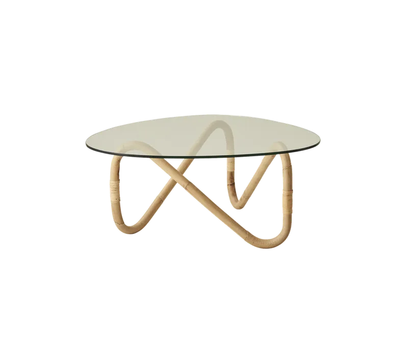 Wave coffee table de Cane-line en Natural, round sticks rattan, Clear, safety glass – photo du produit