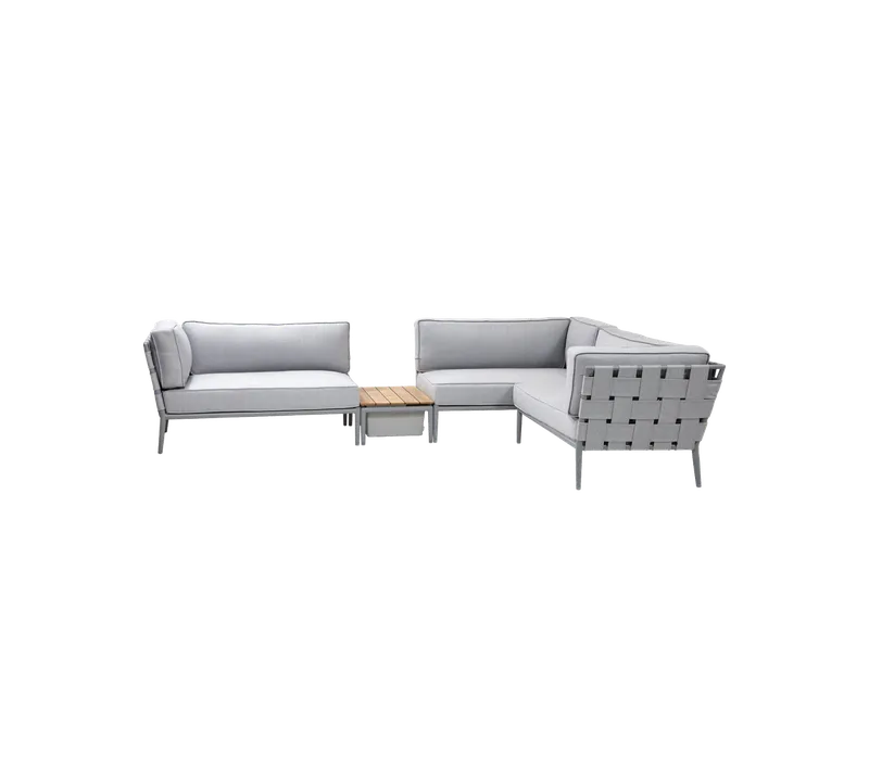 Conic modular corner sofa with box table van Cane-line in Light grey, AirTouch w/QuickDry & Airflow – productfoto