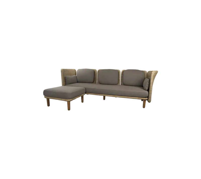 Arch 3-seater sofa w/low arm/backrest & chaise lounge by Cane-line in Natural/taupe, large flat peel Weave incl. taupe AirTouch w/QuickDry & Airflow – product photo