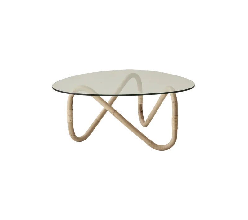 Wave coffee table von Cane-line in Natural, aluminium w/natural round sticks Weave, Clear, safety glass – Produktfoto