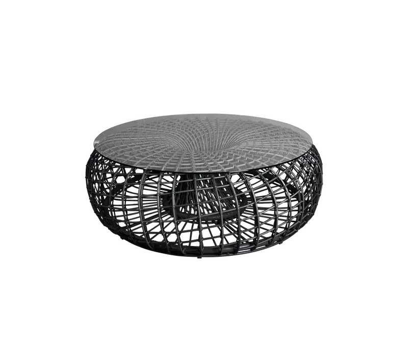 Nest coffee table/footstool, large van Cane-line in Lava grey, aluminium w/lava grey, medium round sticks Weave, Clear, safety glass – productfoto