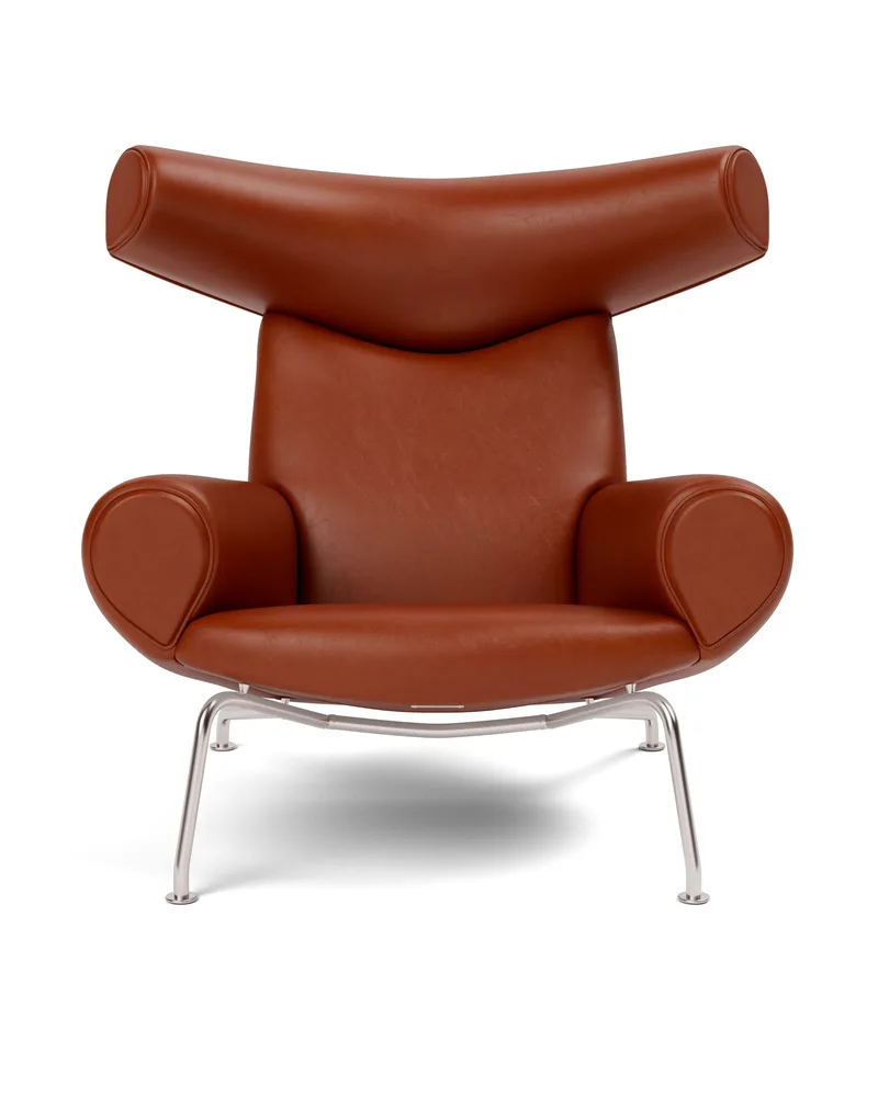Wegner Ox Chair von Fredericia in Leather Cera 905, Russet brown, Piping as upholstery, Brushed stainless steel – Produktfoto 6 von 6