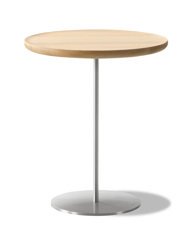 Pal Table Ø44 by Fredericia in Oak light oil, FSC Mix 70%, Brushed stainless steel, Height 52 cm – product photo
