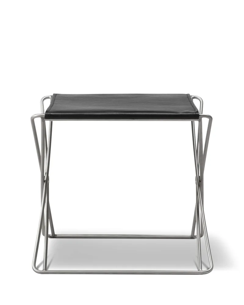 JG Folding Stool by Fredericia in Leather Max 98, Black, Brushed stainless steel – product photo 1 of 3