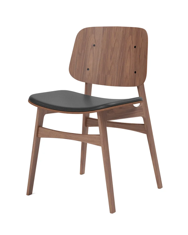 Søborg Wood Base Seat upholstered von Fredericia in Leather Omni 301, Black, Walnut lacquer – Produktfoto 1 von 4
