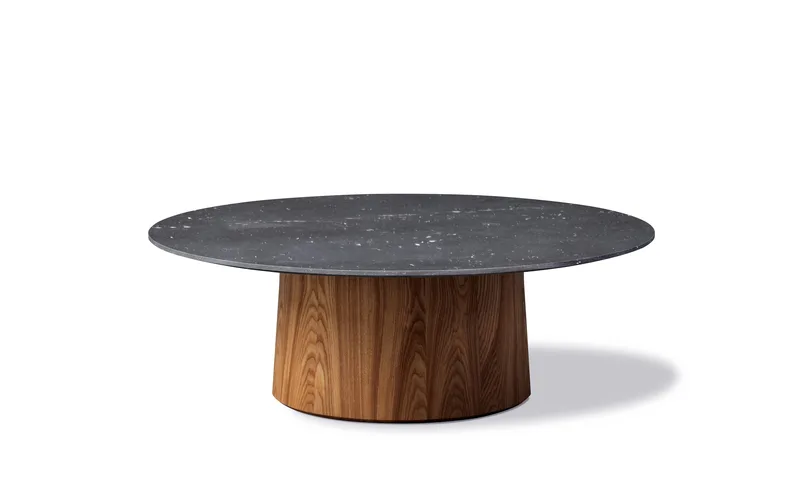 Niveau Coffee Table Ø110 by Fredericia in Black Marquina, Ash brown stained oil treated, FSC Mix 70%, Ø110 cm, height 38 cm – product photo