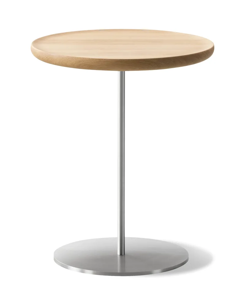 Pal Table Ø37,5 by Fredericia in Oak light oil, FSC Mix 70%, Brushed stainless steel, Height 45 cm – product photo