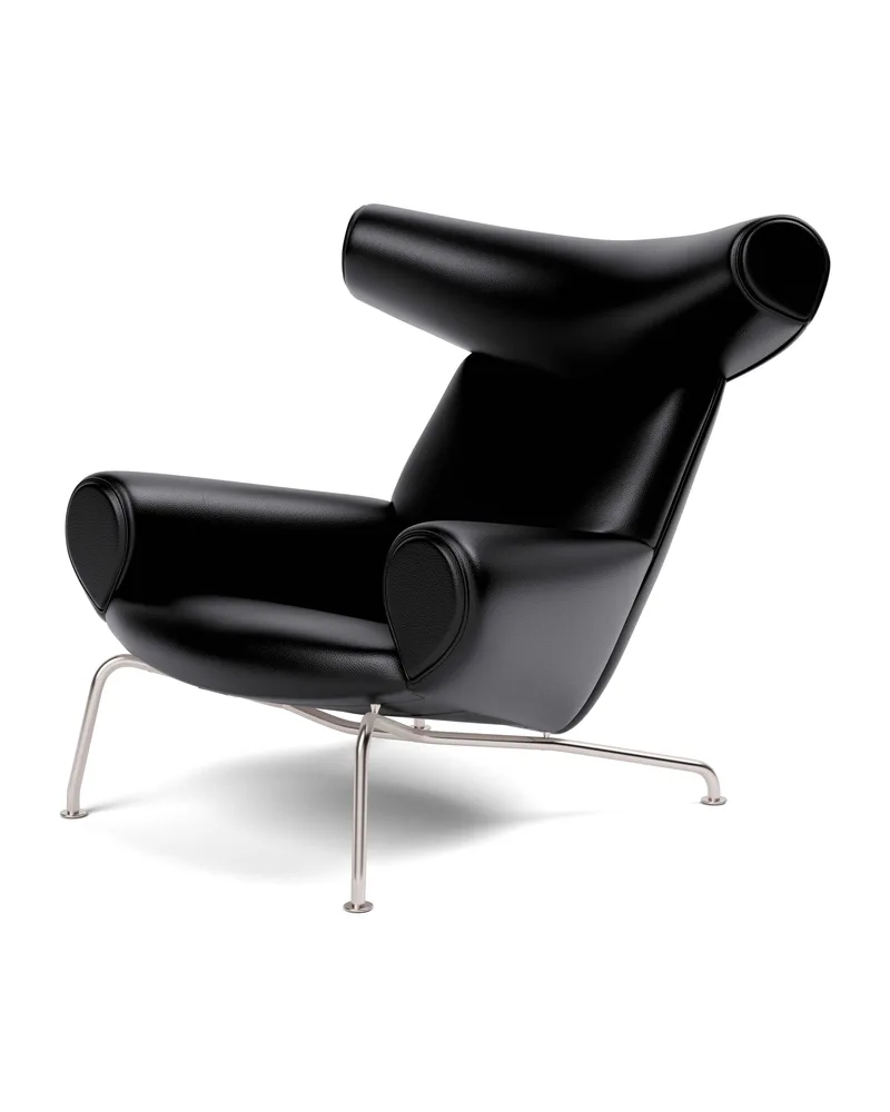 Wegner Ox Chair van Fredericia in Leather Primo 88, Black, Piping as upholstery, Brushed stainless steel – productfoto 1 van 5