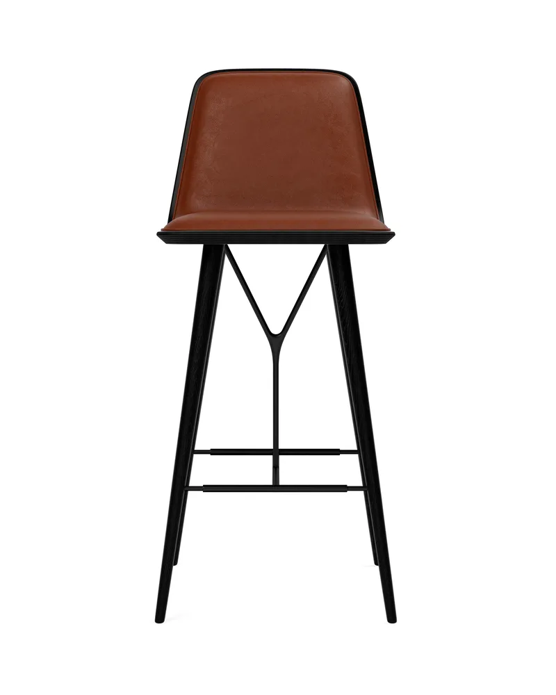 Spine Wood Base Barstool by Fredericia in Leather Trace 8680, Heritage brown, Ash, black lacquer – black metal, FSC MIX 70%, 74 cm – product photo